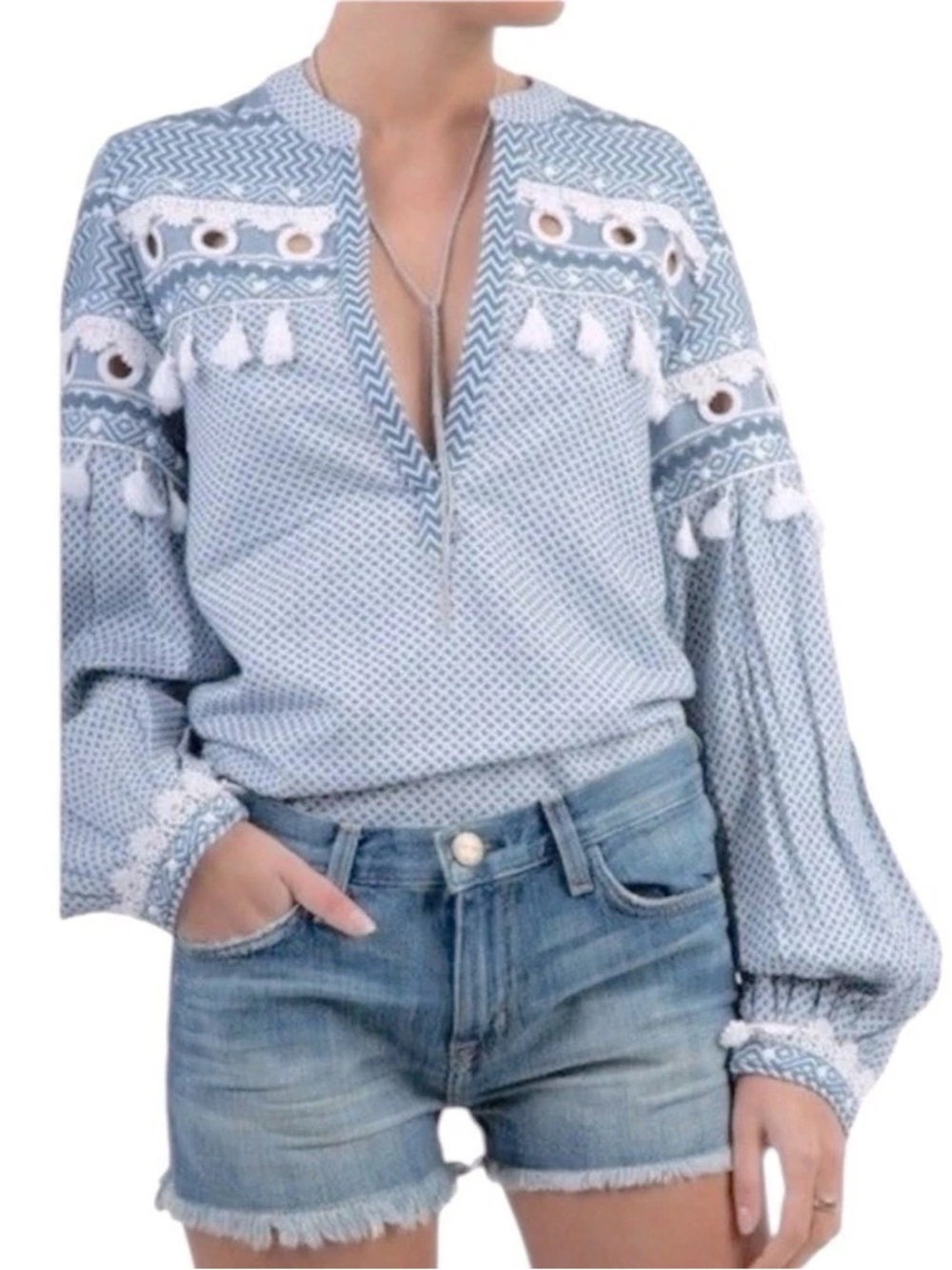 DoDo Bar Or Menashe Button Down Houndstooth BoHo Fringe Blouse Size M